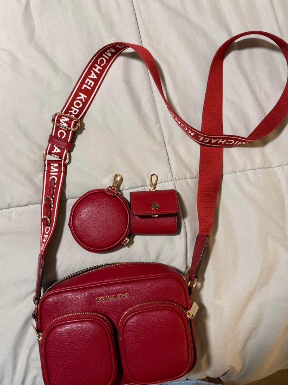 Michael Kors Red Leather Crossbody Bag with Branded Strap and Pouches
